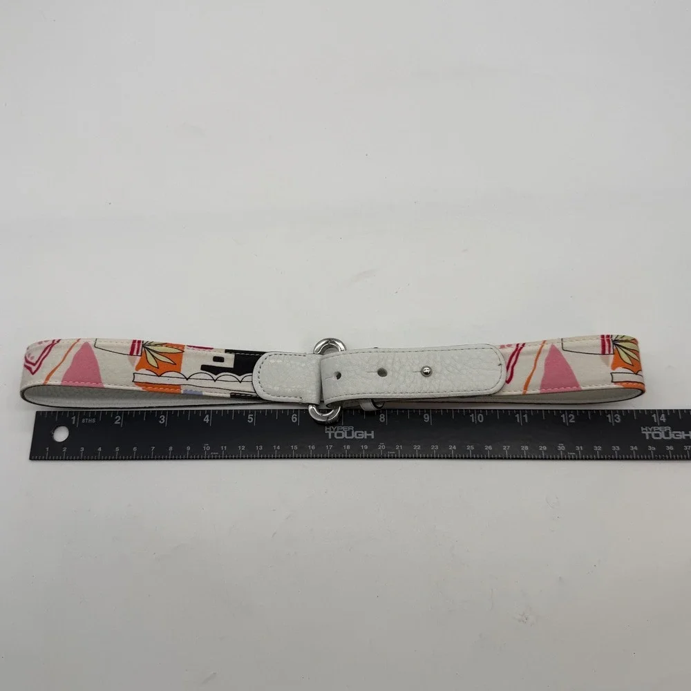 Talbots Womens XS White Leather Fabric Abstract Print Belt Silver Stud Closure